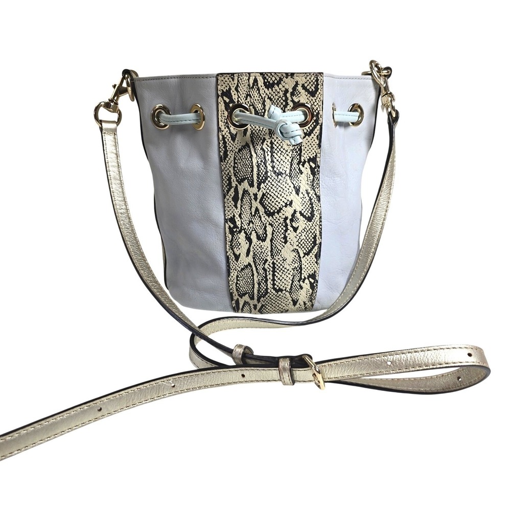 Rebecca Minkoff Blue Leather Purse Bucket Bag Snake Print Crossbody Small